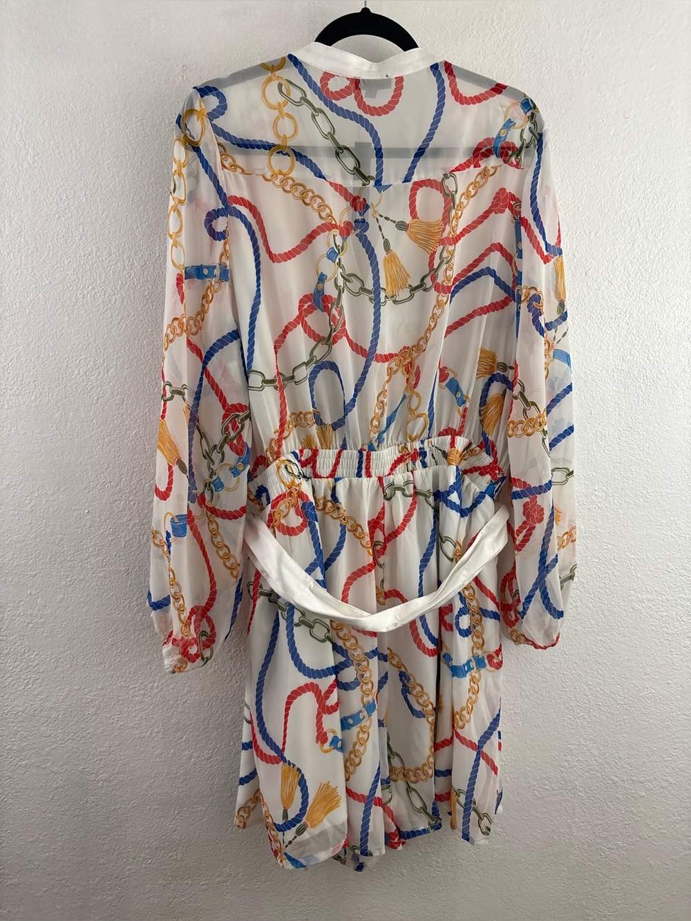 Miss Avenue dress white base with a vibrant red, blue, and gold chain print 2XL - Picture 5 of 7